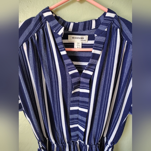 *NWOT* Monteau LA Women's Medium Blue & Black Striped Midi Dress Tie Waist - Picture 10 of 16